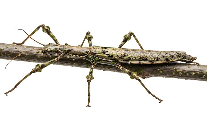 Two green stick insects are perched on a brown tree branch.