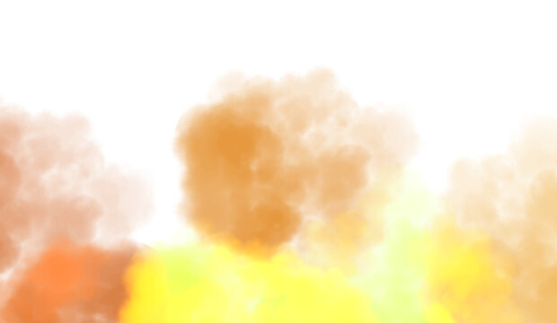 Colorful thick smoke flow explosion cutout PNG. Abstract fluffy clouds, smoke vapours steam effect. Realistic festive color smoke flowing on transparent background.