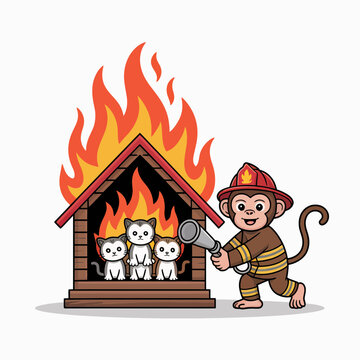 Cute cartoon monkey firefighter extinguishing a burning wooden house with three adorable kittens trapped inside in a vibrant vector illustration for kids safety concept