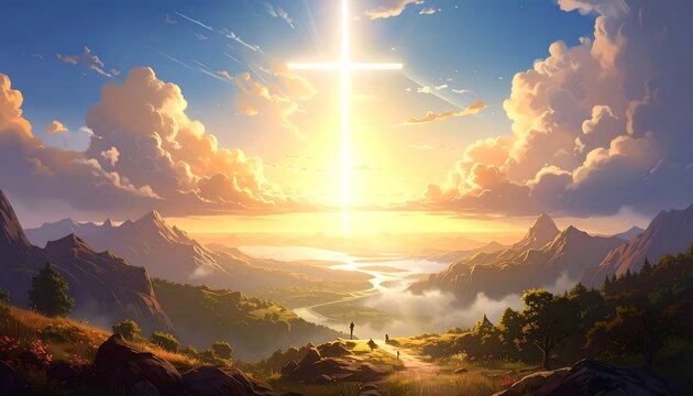 A serene landscape with a radiant cross at sunset