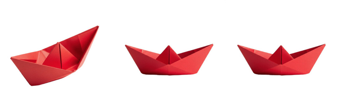 Set of Red Origami Paper Boats Isolated on White Background Digital Illustration Graphic Assets