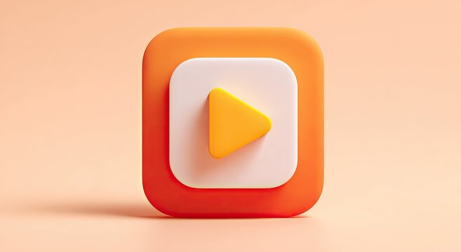 3D orange and white play button icon, minimalist, abstract, smooth