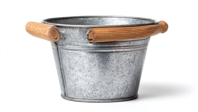 Galvanized metal bucket with wooden handle on white background