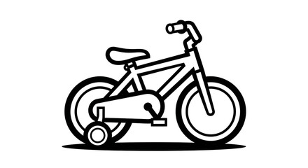 Fototapeta premium A simple black and white illustration of a child's bicycle with training wheels attached. isolated on transparent background, png