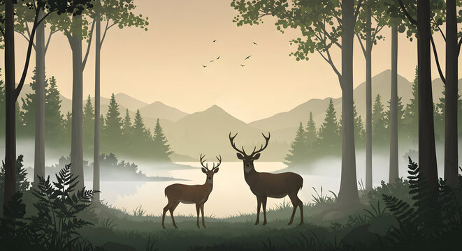 Two Deer Stand in a Forest Clearing with Misty Lake and Mountains