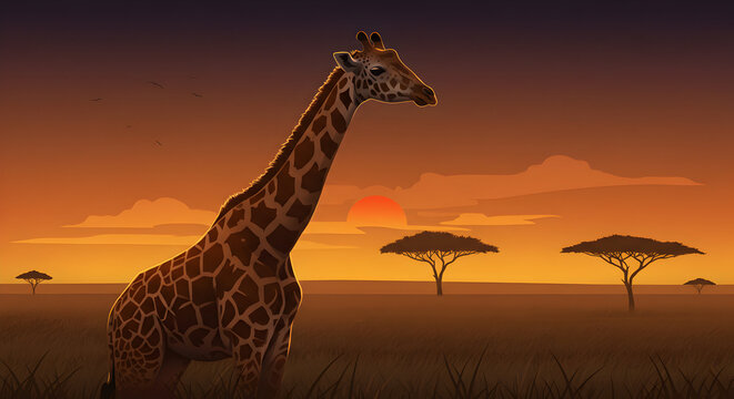 Giraffe Silhouette Against a Vibrant African Sunset with Acacia Trees and Distant Birds