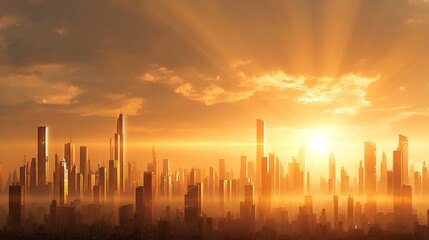 Fototapeta premium Dramatic Skyscraper Cityscape Silhouetted Against Hazy Golden Sunset with Urban Smog and Cinematic Atmosphere