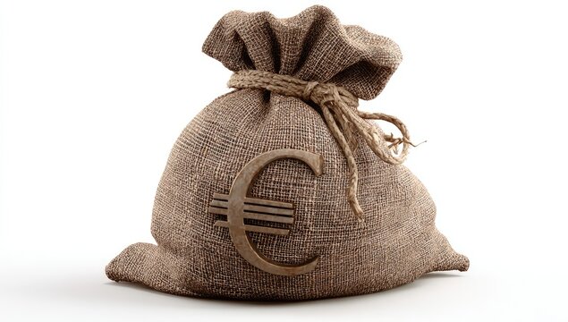 A burlap money bag with a prominent euro symbol on a white background