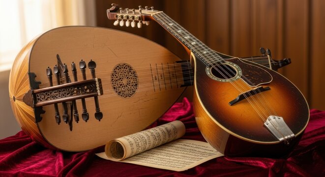 Antique Musical Instruments - Lute and Mandolin on Red Velvet.