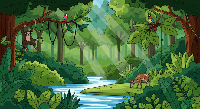 Vibrant cartoon illustration of a lush tropical jungle with a winding river, a monkey, parrots, and a deer, bathed in sun rays.