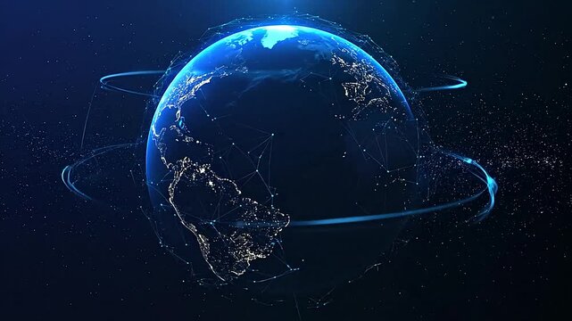 A digital representation of a planet with connecting lines and glowing lights in space