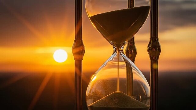 An hourglass with golden frame shows the passage of time against a sunset background