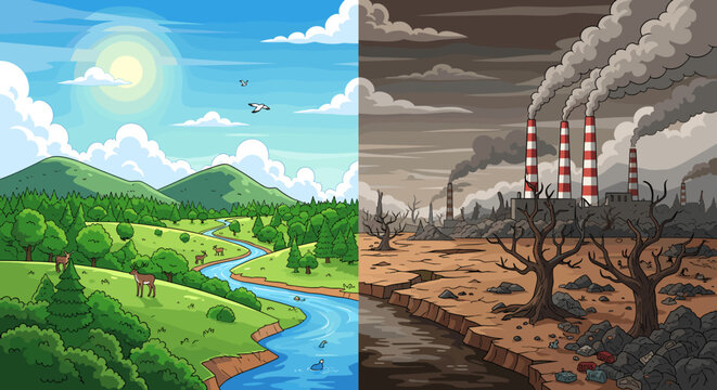 A stark visual contrast between a pristine, vibrant natural landscape and a heavily polluted, industrialized wasteland.