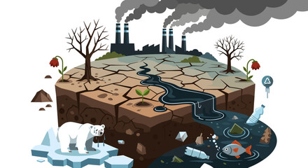 Environmental pollution and climate change depicted with a dying ecosystem, industrial pollution, and a polar bear on melting ice. © Liakum