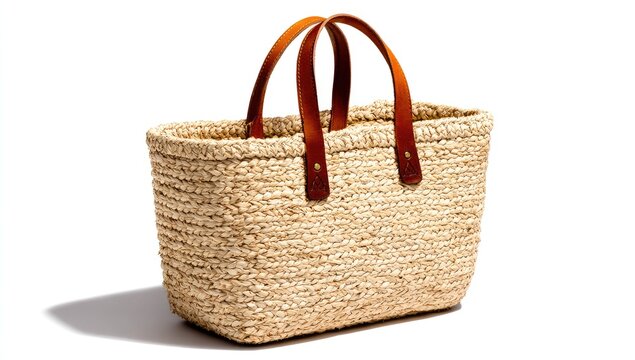 Natural straw tote bag with leather handles, isolated on white