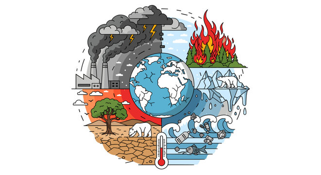 Detailed illustration of global climate change impacts, showing industrial pollution, wildfires, drought, melting ice, and ocean pollution surrounding the Earth.