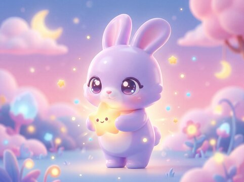 Cute bunny holding glowing star in dreamy pastel sky