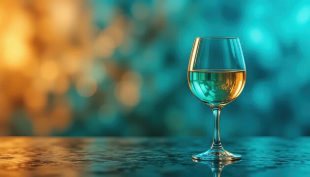 A glass of white wine on a reflective surface with a blurred, warm-toned background creating a cozy and elegant atmosphere.
