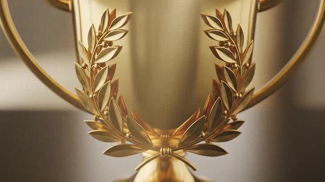 A shiny golden trophy with laurel wreath, standing on a dark reflective surface, close-up