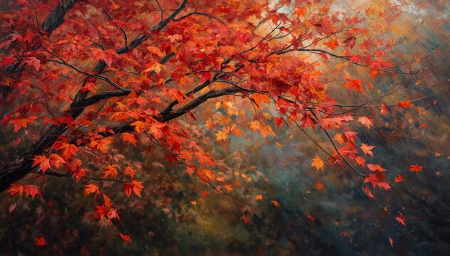 Vibrant red and orange autumn leaves hang from tree branches against a moody, blurred forest background.