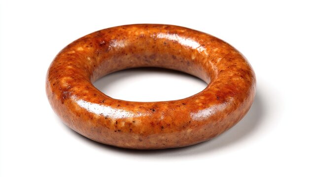 A single ring of cooked sausage, with a glistening brown casing and visible spices