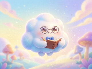 Fototapeta premium Cute cloud scholar with book in pastel fantasy sky