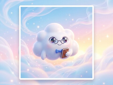 Cute cloud scholar with book in pastel fantasy sky