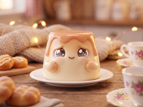 Cute caramel pudding creature in cozy magical kitchen
