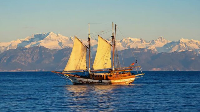 Traditional wooden schooner sailing in turquoise sea with snow-capped mountain backdrop at golden hour
