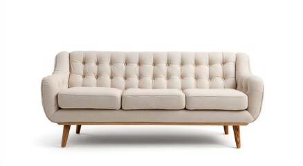 Fototapeta premium Elegant cream tufted sofa with tapered wooden legs on a white background