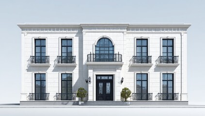 Fototapeta premium Elegant white mansion with ornate windows and balconies