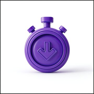 3D purple stopwatch icon with downward arrow on a white background