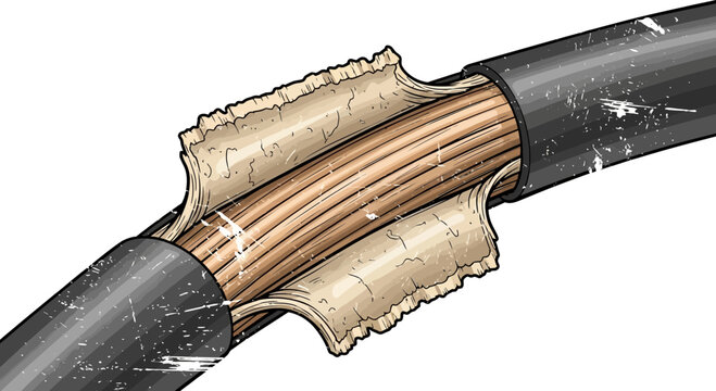 Damaged electrical wire with exposed copper conductors and frayed insulation