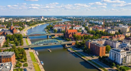 Obraz premium Aerial View of Wroclaw Cityscape with Oder River and Bridges.