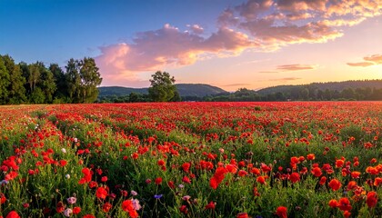 Obraz premium Vibrant Poppy Field at Sunset - A Landscape of Red and Gold.