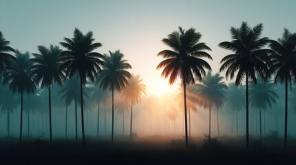 Fototapeta premium Serene Sunrise Over a Tropical Palm Tree Forest with Soft Mist and Warm Light in the Background, Ideal for Nature and Travel Themes