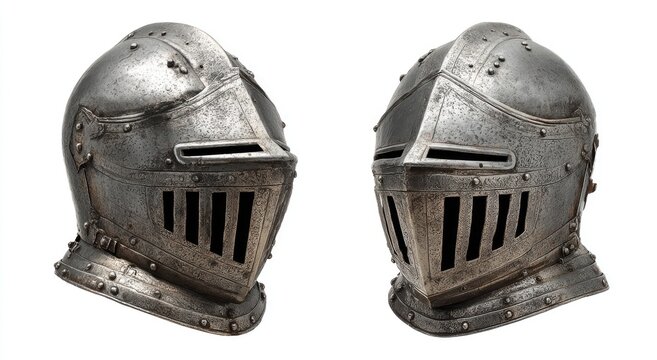 Two detailed, antique, silver metal knight helmets with visors