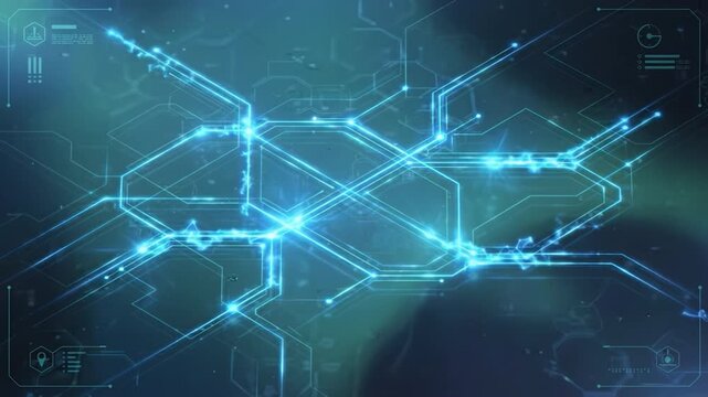 Futuristic digital network background with glowing blue circuit lines, hexagon pattern, abstract interface glow, dark technology design and seamless line pattern for modern futuristic visual use