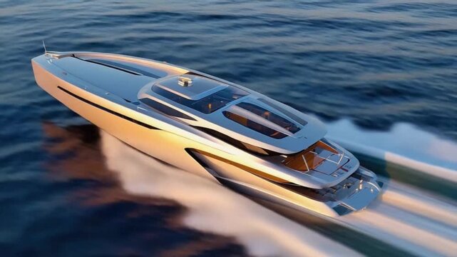 Luxury speedboat cruising on calm turquoise sea at golden hour with sleek modern design
