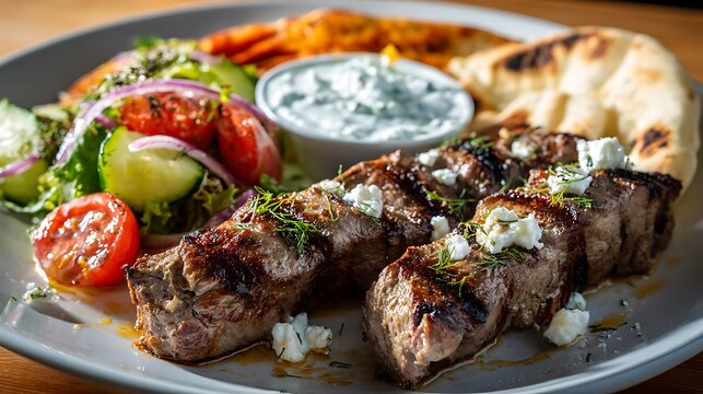 Mediterranean Grilled Meat Skewers with Flatbread, Fresh Salad, and Creamy Yogurt Dip on Rustic Stone Plate