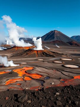 Volcanic landscape with steaming fumaroles and stark, mineral-rich earth,  steaming,  mineral