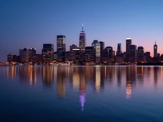 Obraz premium An urban nightscape view of a city skyline across a calm river. Prominently featured in the foreground is a large city with several illuminated buildings reflecting on the water's surface