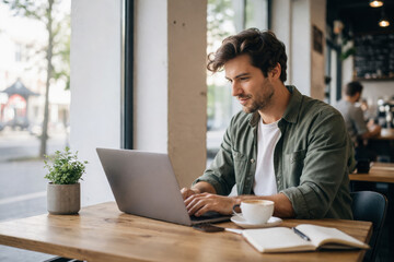 Obraz premium Focused man using laptop computer in cafe feeling happy and productive while working remote with coffee and notebook on table during afternoon time at comfortable coffee shop setting in urban area