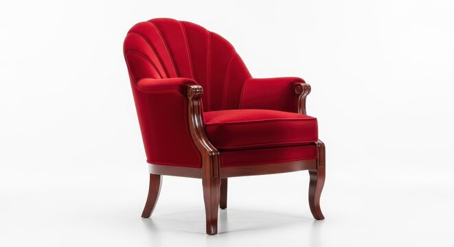 Elegant red velvet armchair features a unique scalloped back design with dark wooden legs.