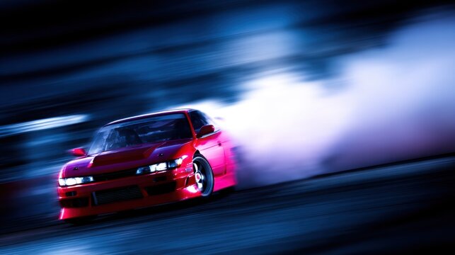 A red sports car drifts through a smoky track, highlighting speed and motion with dynamic lighting
