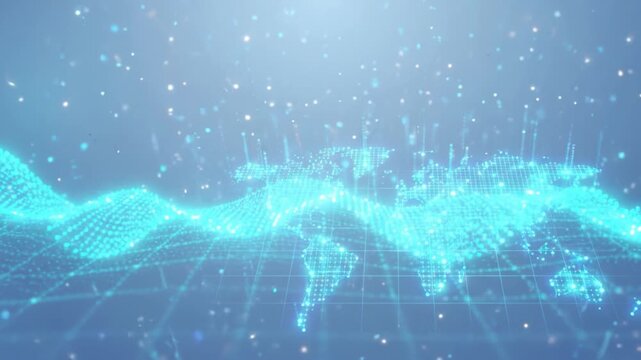 Digital world map wave with glowing particle grid and blue background, global network concept, abstract technology background with glowing data points and connection wave