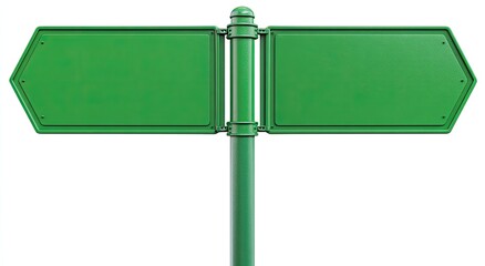 Obraz premium A green two-way directional signpost with blank arrow-shaped panels on a white background