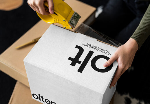 Packing Box Mockup With Tape Dispenser PSD