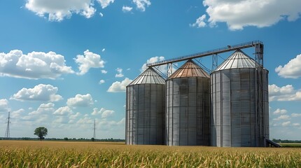 Fototapeta premium Three Large Grain Silos in a Wheat Field Under Blue Sky.