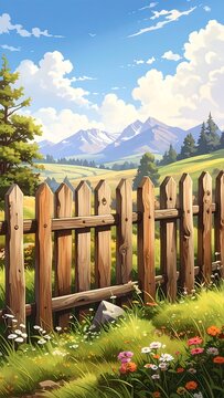A serene landscape with a wooden fence and mountain range